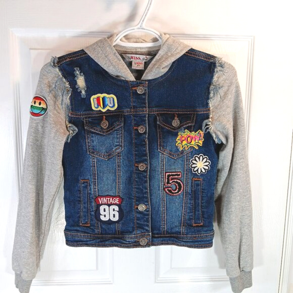 1st Kiss Girls Denim Jacket Hoodie Embroidered Patches Blue Grey Size L